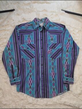 90s Cowboy Western Plains Aztec Print Size Small Boho Festival Long Sleeve Shirt